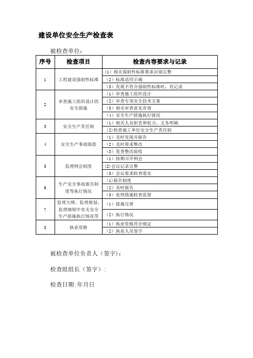 建设单位(甲方)安全生产检查表