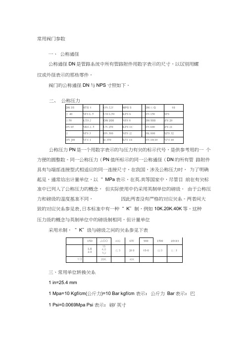 常用阀门参数