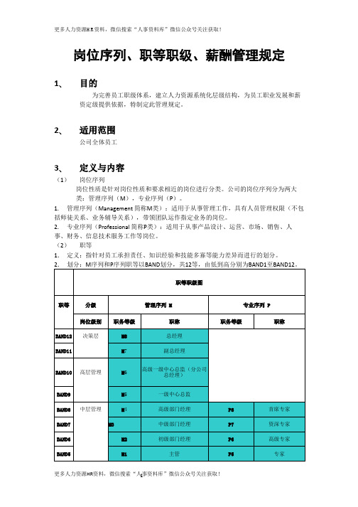 薪酬管理资料-岗位序列、职等职级和薪酬管理规定