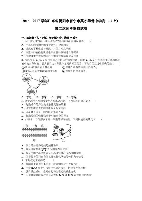 揭阳市普宁市英才华侨中学2016-2017学年高二上学期第二次月考生物试卷 含解析