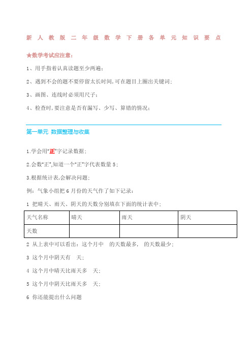 二年级数学下册各单元知识要点