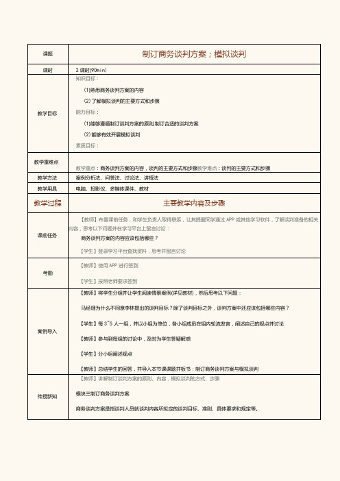 《推销技巧与商务谈判》教案第15课制订商务谈判方案;模拟谈判