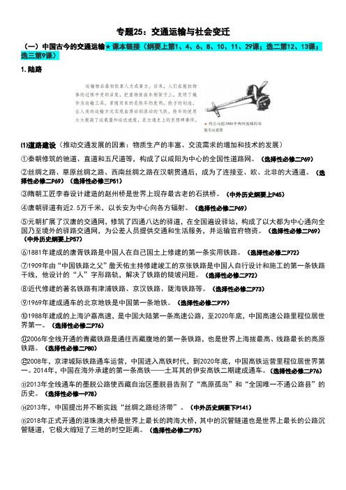 专题25+交通运输与社会变迁+知识清单--2025届高考统编版历史二轮复习