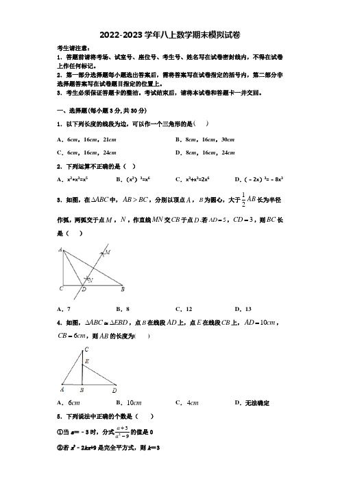 湖南省醴陵市青云学校2022-2023学年数学八年级第一学期期末调研模拟试题含解析