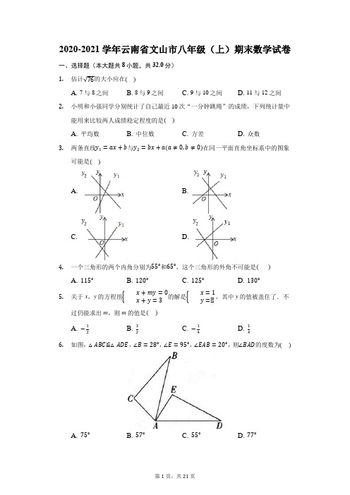 2020-2021学年云南省文山市八年级(上)期末数学试卷