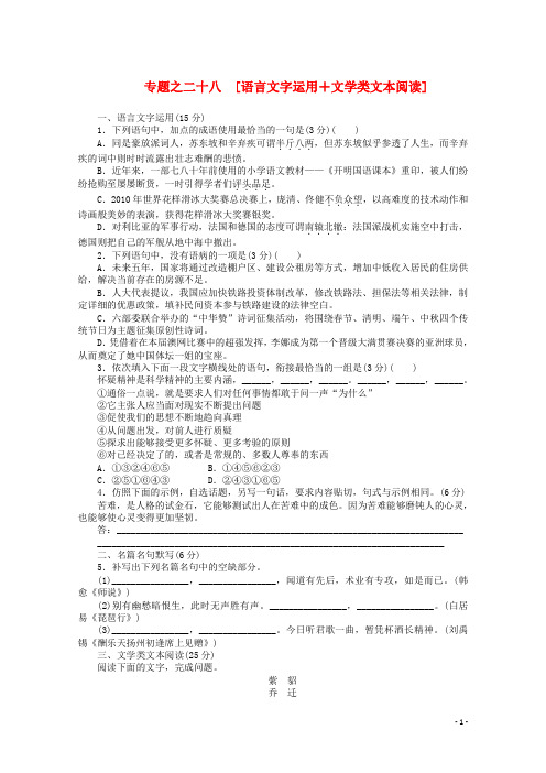 2012年高考语文 考前30天冲刺专题热训 专题练习28语言文字运用+文学类文本阅读 新课标