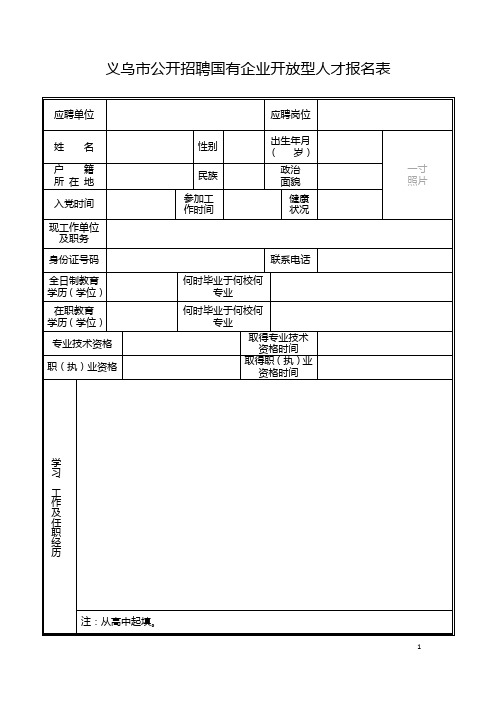 义乌公开招聘国有企业开放型人才报名表