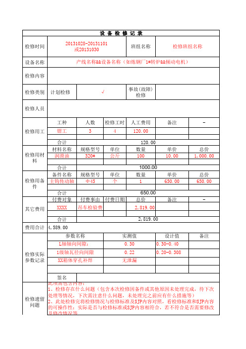 设备检修记录模板