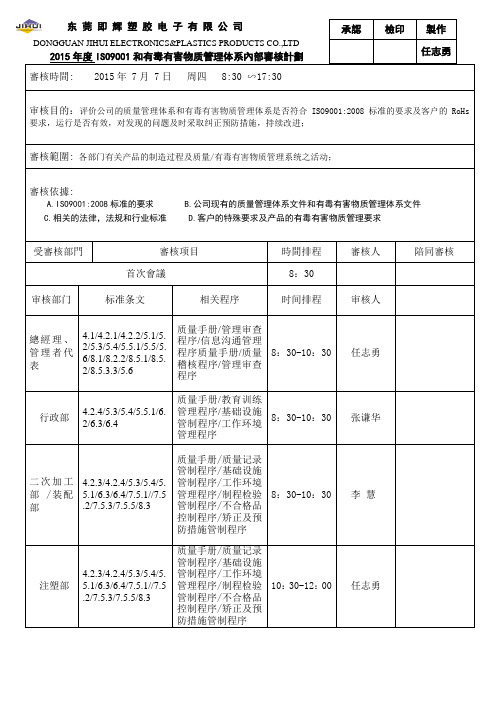 2015年度ISO9001和有毒有害物质管理体系内部审核计划(环境)