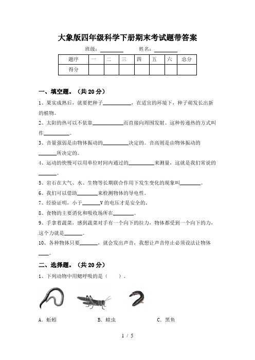 大象版四年级科学下册期末考试题带答案