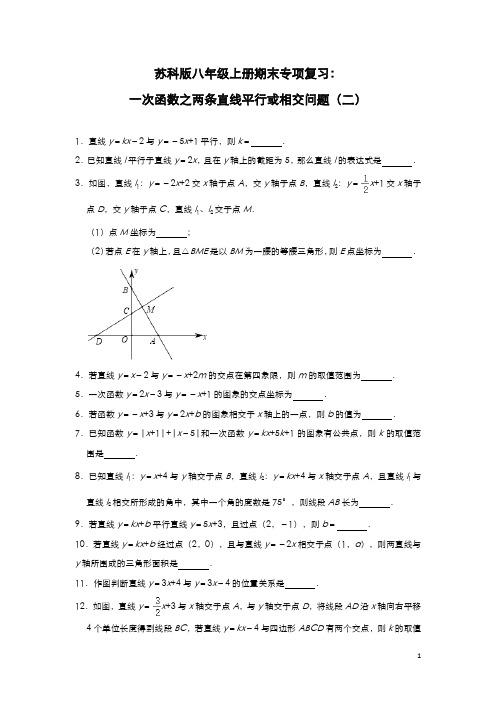 苏科版数学八年级上册期末专项复习： 一次函数之两条直线平行或相交问题(二)