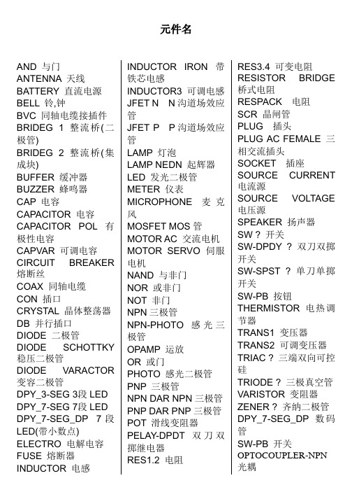 proteus元件库名称中英对照