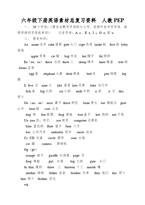 六年级下册英语素材总复习资料  人教PEP