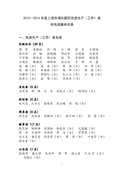 20102014上海浦东新区先进生产工作者