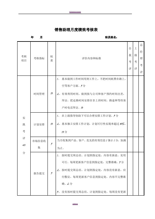 销售助理月度绩效考核表