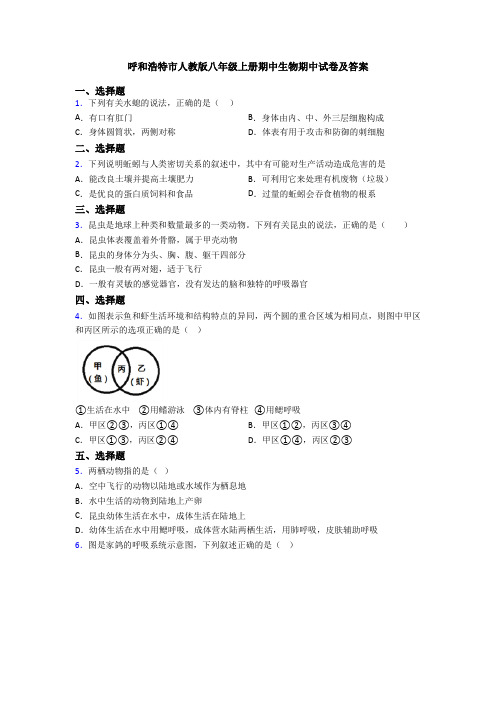 呼和浩特市人教版八年级上册期中生物期中试卷及答案