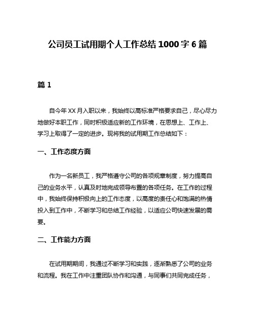 公司员工试用期个人工作总结1000字6篇