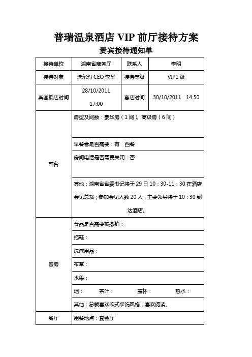 酒店前厅VIP接待方案