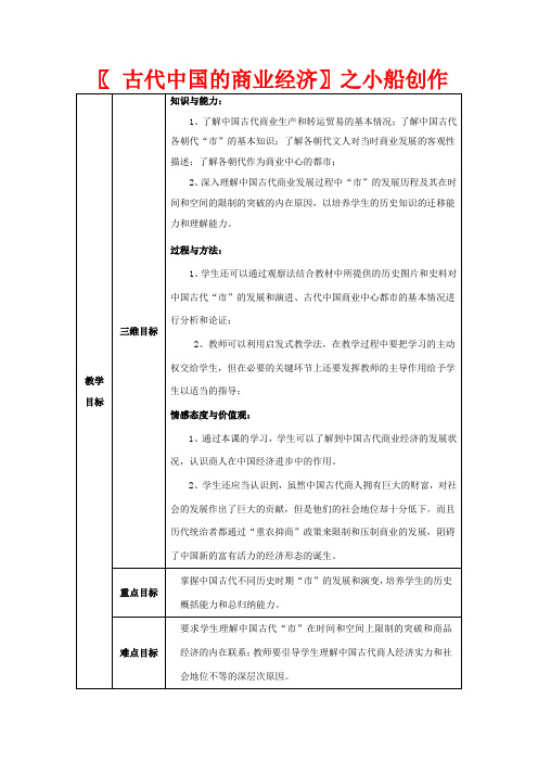 高中历史 专题一 古代中国经济的基本结构与特点 3古代中国的商业经济教案