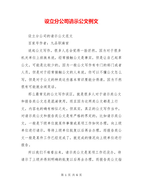 设立分公司请示公文例文