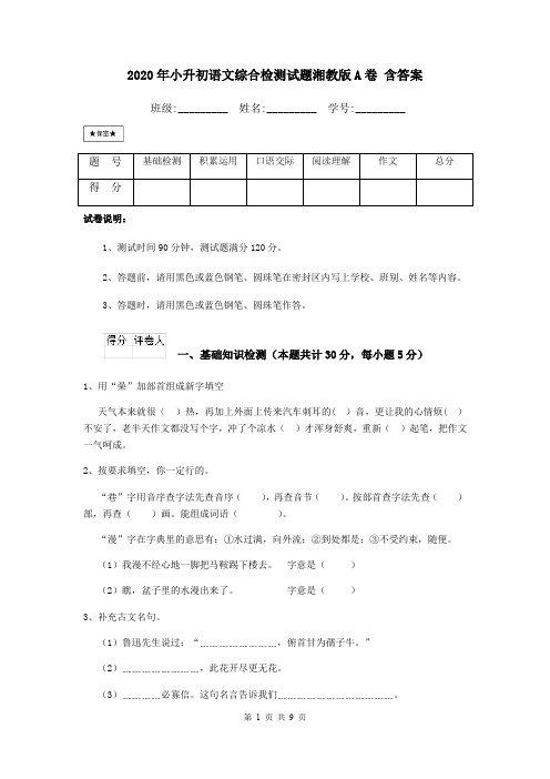 2020年小升初语文综合检测试题湘教版A卷 含答案