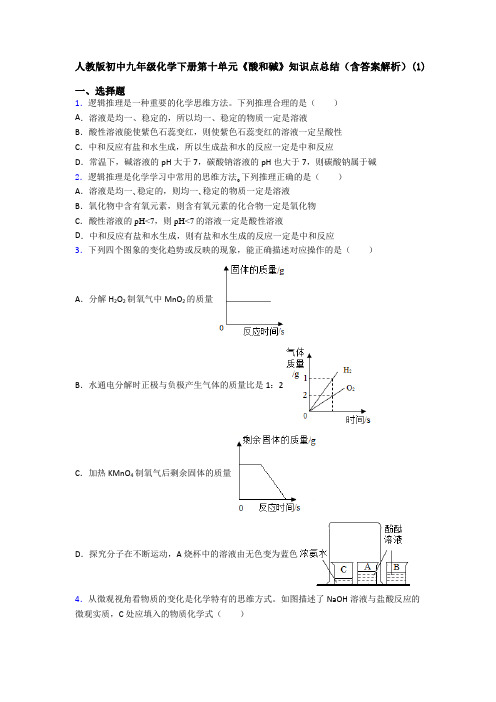 人教版初中九年级化学下册第十单元《酸和碱》知识点总结(含答案解析)(1)