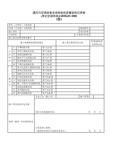 通风与空调系统安装(净化空调系统)验收表