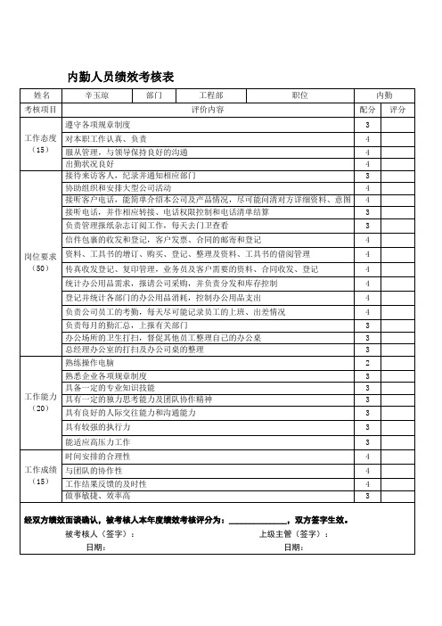 内勤人员绩效考核表模板