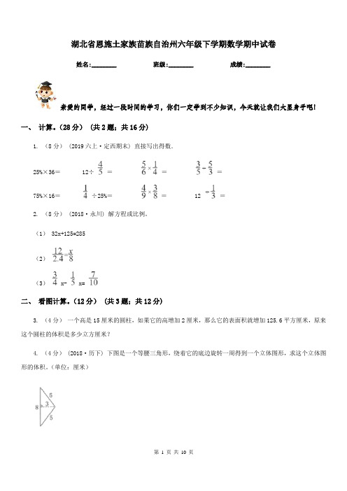 湖北省恩施土家族苗族自治州六年级下学期数学期中试卷