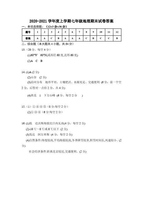 七年级地理参考答案及评分标准