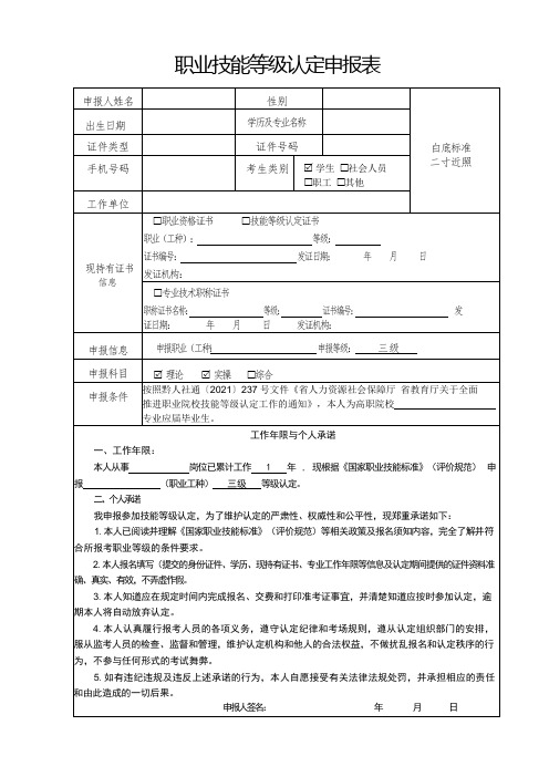 职业技能等级认定申报表(样表)