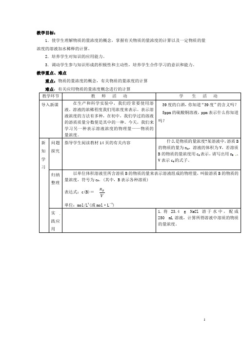 广东省揭阳一中高中化学《第二节 化学计量在实验中的应用》第3课时教案+随堂练习 新人教版必修1