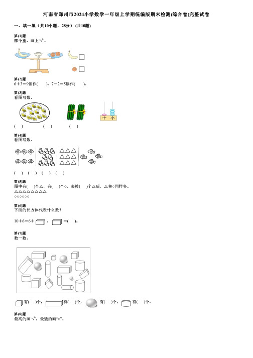 河南省郑州市2024小学数学一年级上学期统编版期末检测(综合卷)完整试卷