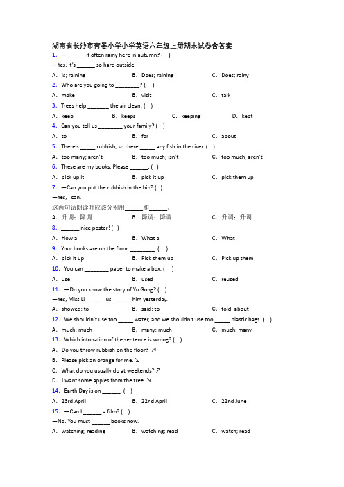 湖南省长沙市荷晏小学小学英语六年级上册期末试卷含答案