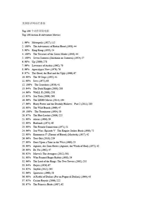 美国烂番茄动作冒险电影、科幻电影、恐怖片、动画片top100