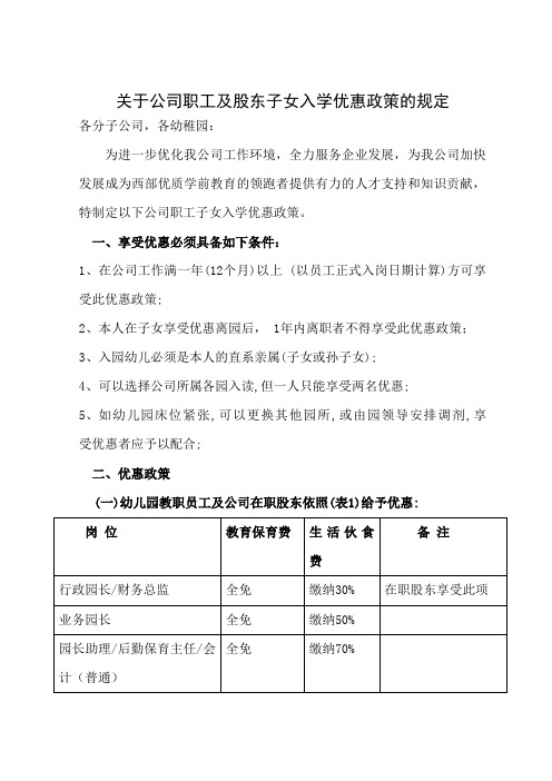 关于公司职工及股东子女入学优惠政策的规定