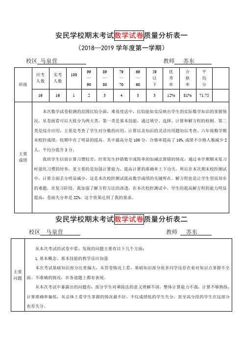 六年级数学期末质量分析表