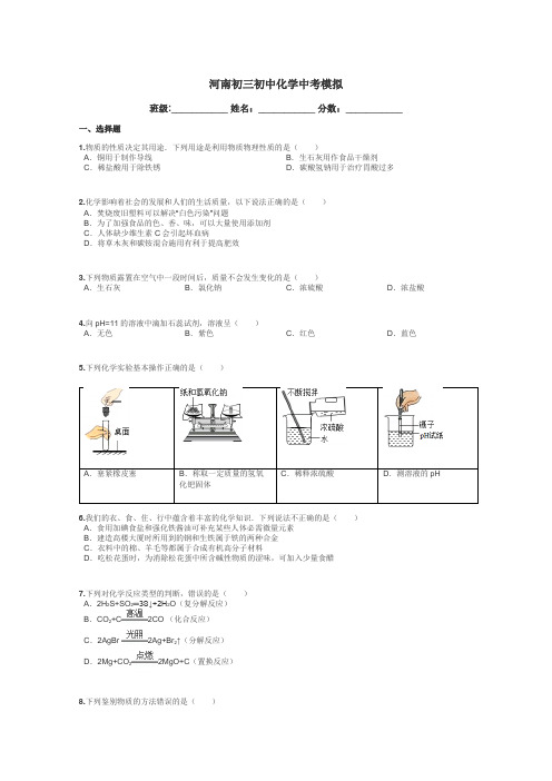 河南初三初中化学中考模拟带答案解析
