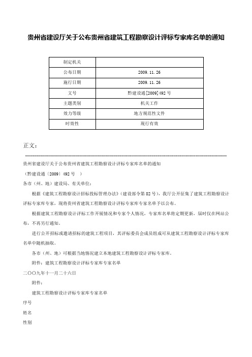 贵州省建设厅关于公布贵州省建筑工程勘察设计评标专家库名单的通知-黔建设通[2009]492号