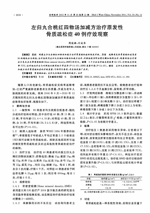 左归丸合桃红四物汤加减方治疗原发性骨质疏松症40例疗效观察