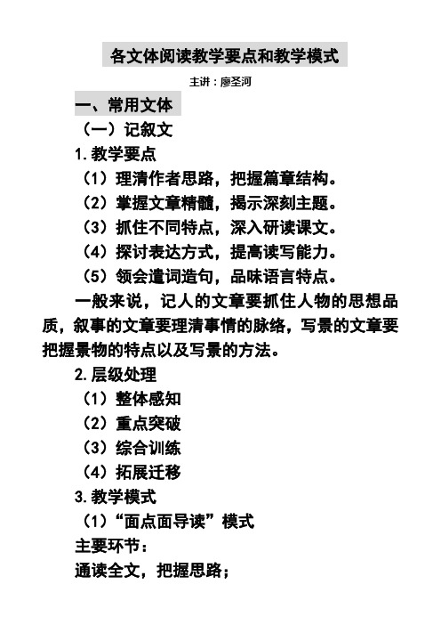 各文体阅读教学要点和教学模式