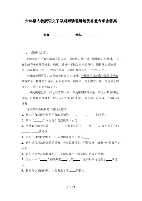 六年级人教版语文下学期阅读理解培优补差专项含答案