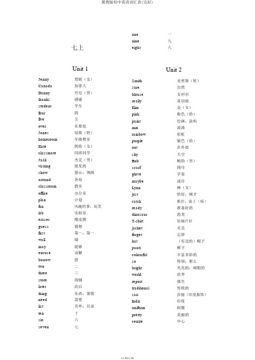 冀教版初中英语词汇表(完整)