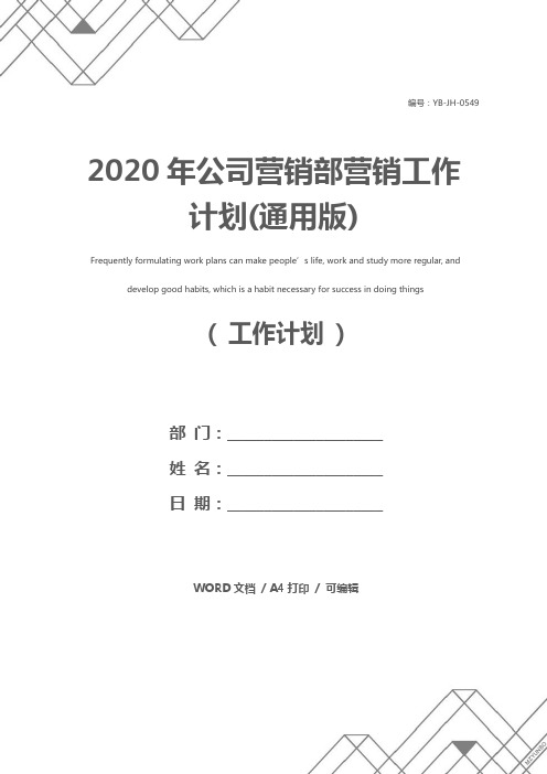 2020年公司营销部营销工作计划(通用版)