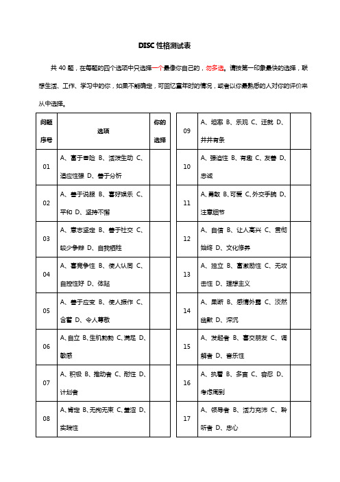 DISC性格测试表