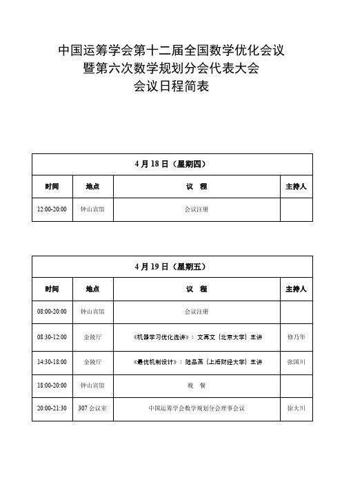 中国运筹学会第十二届全国数学优化会议暨第六次数学规划分会代表大会会议日程简表