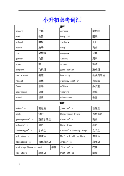 小升初必背1000个英语单词(分类整理)