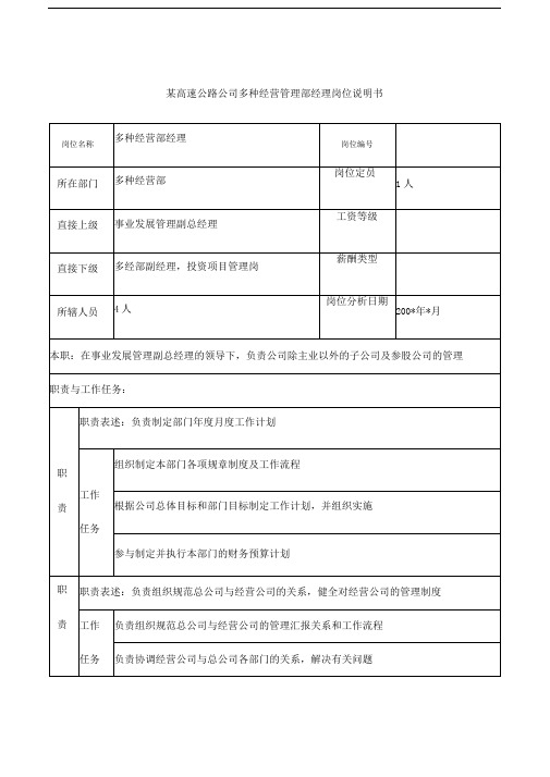 高速公路公司多种经营管理部经理岗位说明书