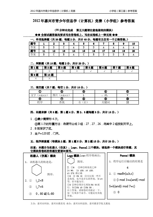 2012年嘉兴市青少年信息学(计算机)竞赛(小学组)参考答案