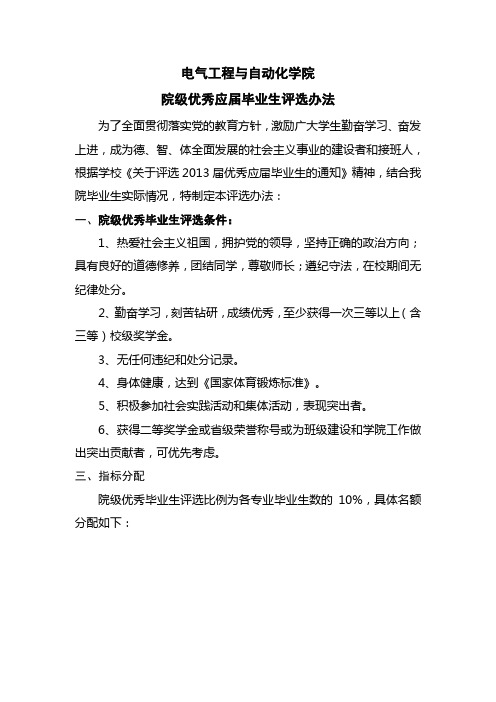 河南理工大学电气工程与自动化学院院级优秀毕业生评选办法